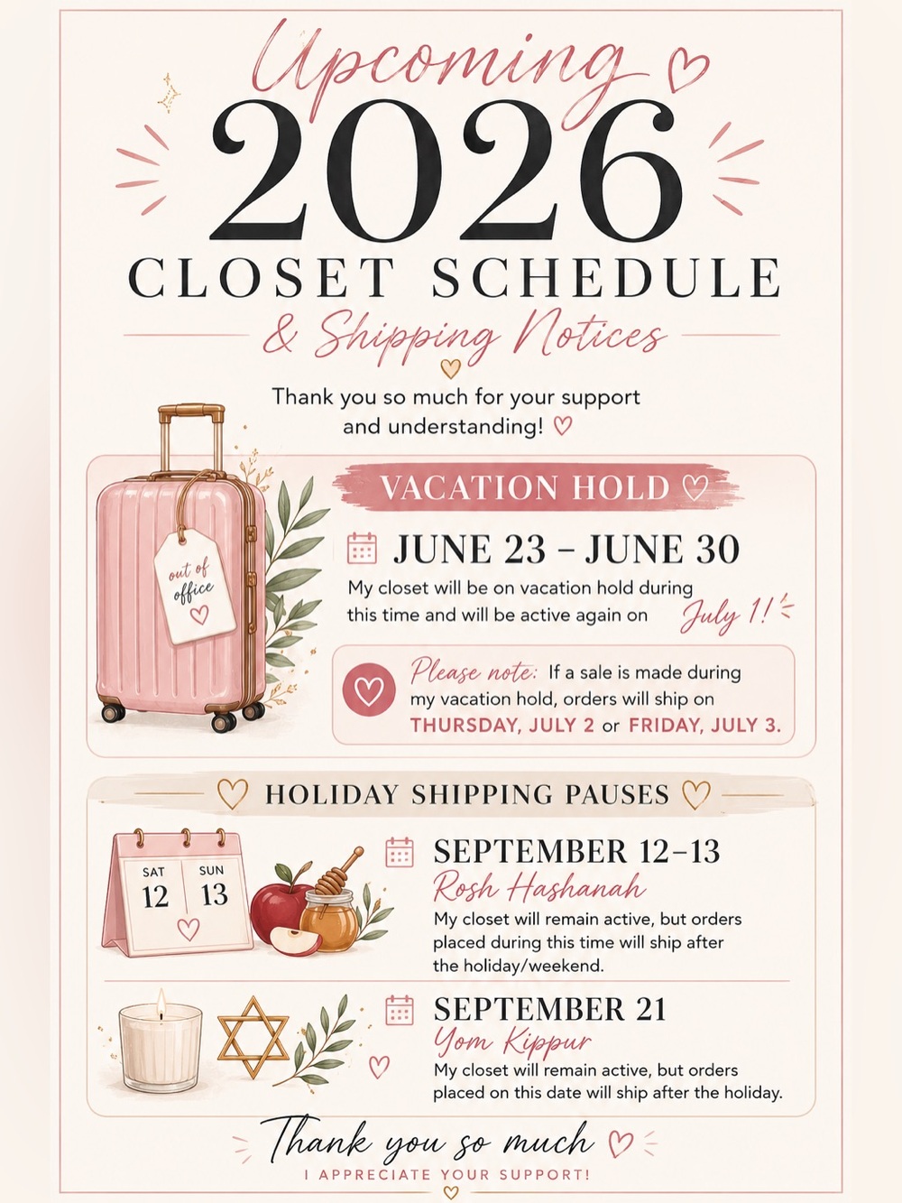 Upcoming 2026 Closet Schedule & Shipping Notices